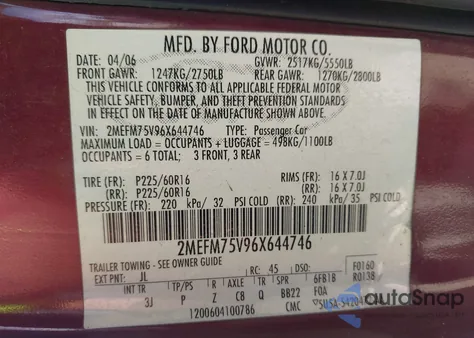 2006 Mercury Grand Marquis Ls from USA, damaged, VIN 2MEFM75V96X644746